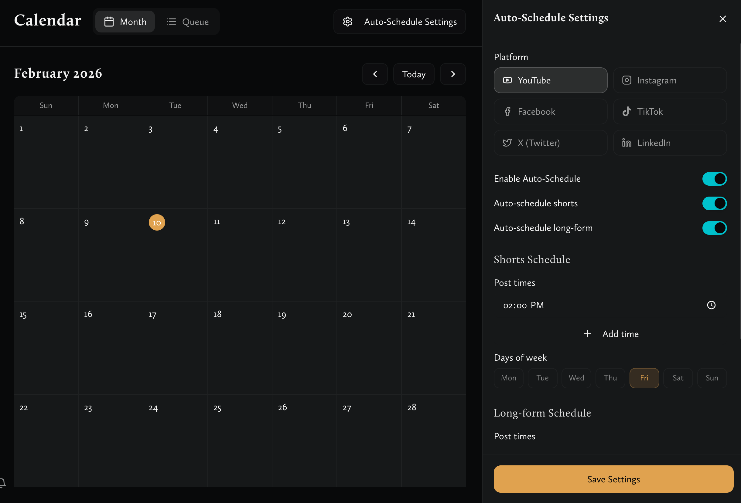 Volume calendar — auto-schedule across YouTube, Instagram, TikTok, and more