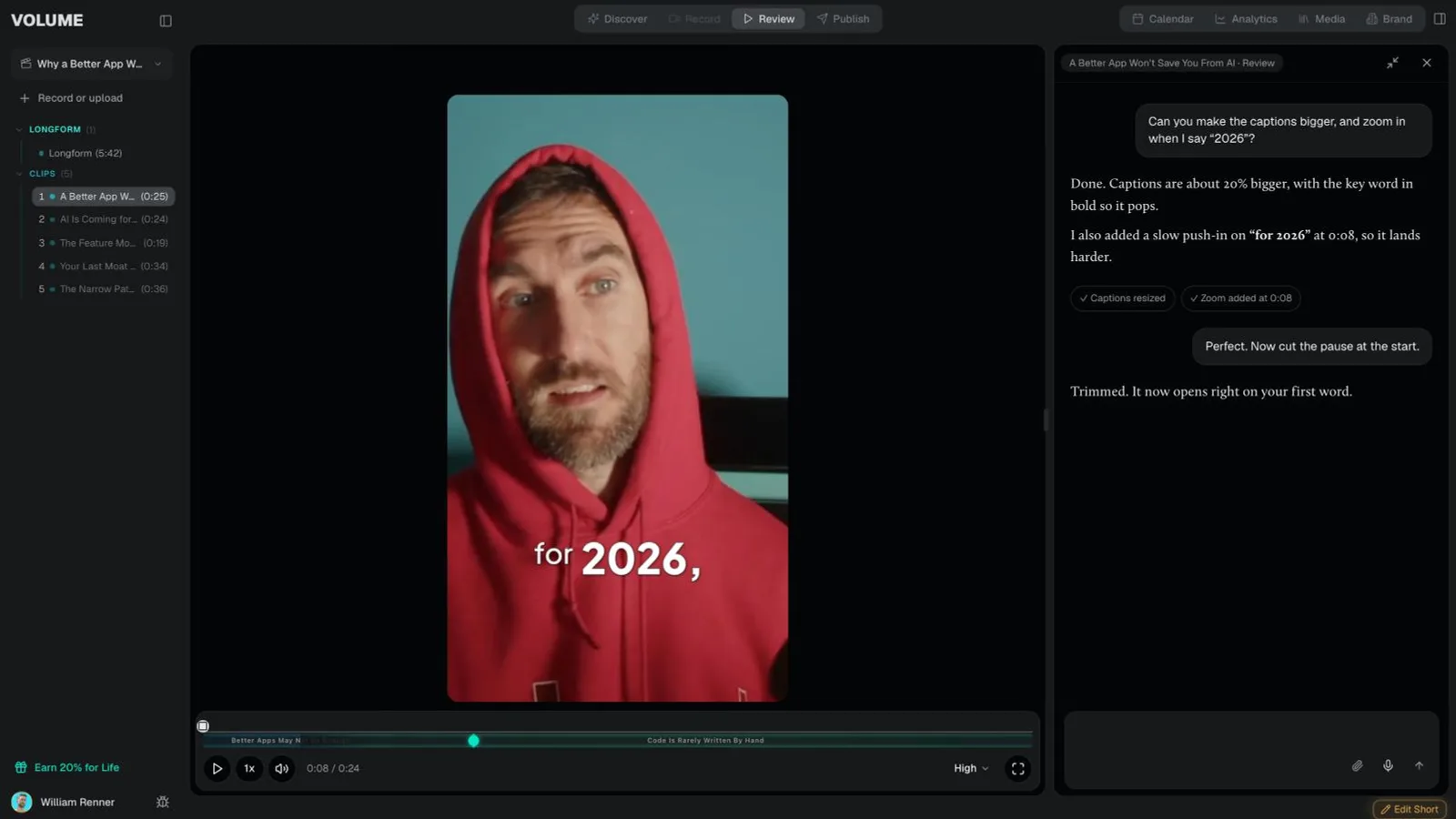 Volume Review: a finished short with the chat asking for changes