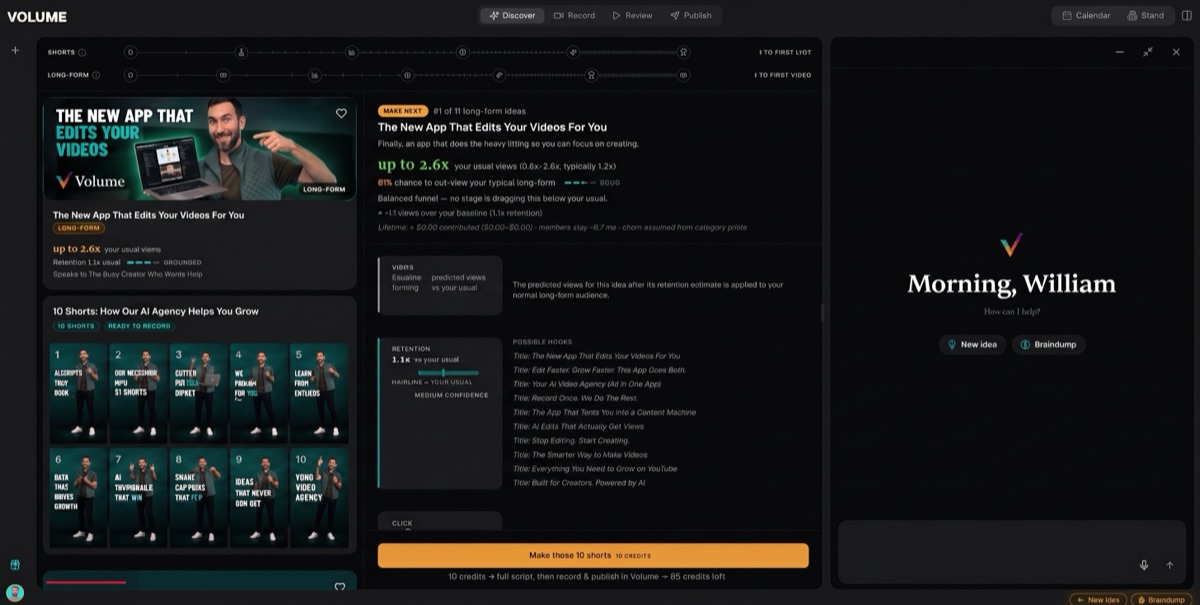 Inside Volume: the Discover tab with this week's scored opportunity cards, ten shorts ready to record, and the chat